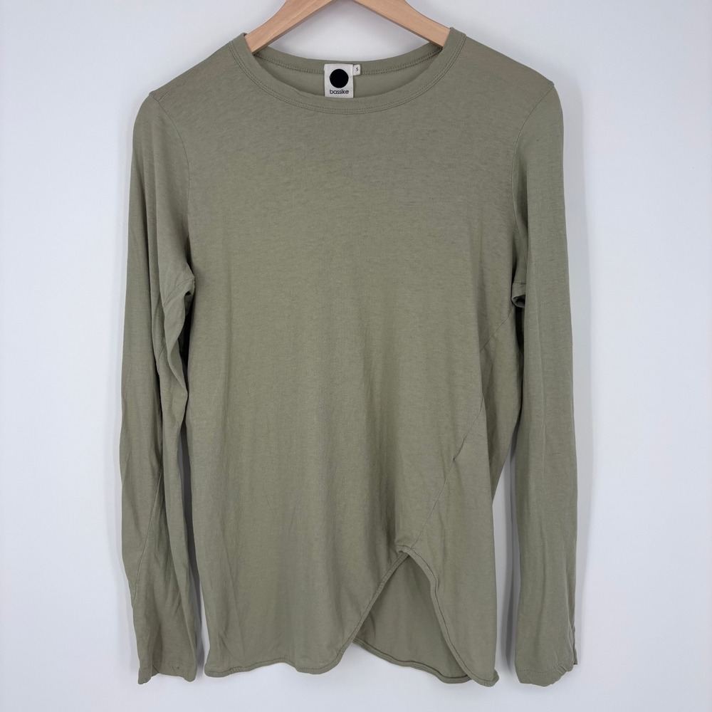 Bassike Long Sleeve Tee Women Size S Olive Green Asymmetric Organic Cotton Shirt
